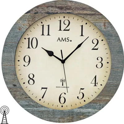 Produktbild von AMS 5562 Wanduhr Funk Funkwanduhr analog rund Holzgehäuse grau