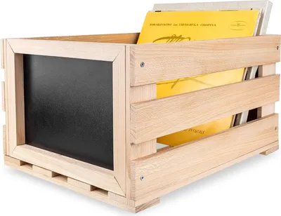 Produktbild von Creative Deco Vinyl Box zur Aufbewahrung bis zu 80 Schallplatten | inkl. Kreidetafel | Regal Holzbox 46x36x25 cm (+/- 1cm) | Schallplattenkiste Holz | LP Kiste für Obst, Gemüse, Wein, Spielzeugkiste