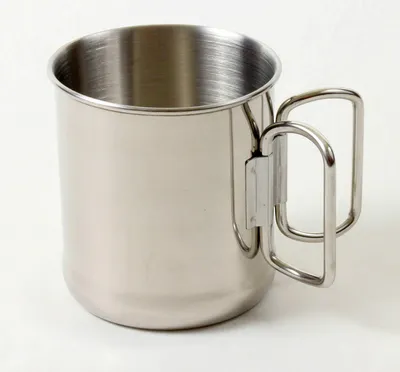 Produktbild von Edelstahl Tasse mit Klappgriff 300 ml 100 g Trinkbecher Kaffee Geschirr Campfrei