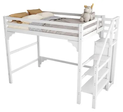 Produktbild von Hochbett mit Gitter - Kinderbett - 140 x 200 cm - Treppe - Kiefer - Weiß