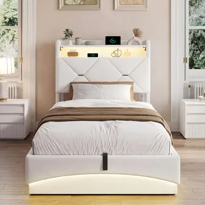 Image de Lit rembourré ProximaX 90 x 200 cm, beige, avec éclairage LED et port USB-C – Rangement hydraulique, tissu velours, lit simple avec tête de lit