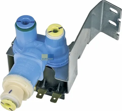 A water inlet valve for an appliance, mounted on a bracket.