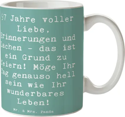Produktbild von Mr. & Mrs. Panda Kaffeebecher Spruch 97. Geburtstag - Meeresbrise - Geschenk, Tasse, Lachen, Liebe, Pott, Teetasse, Geburtstagsfeier, Erinnerungen, Henkelbecher, Alter