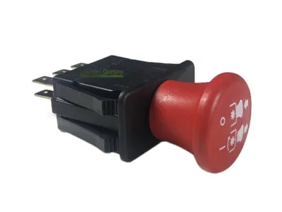 A close-up studio shot of a red and black switch with symbols on a white background.