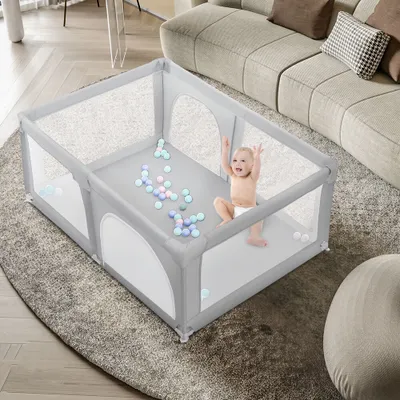 Produktbild von Baby Laufgitter mit 50 Kugel 120x180x66cm Aktivitätszentrum mit atmungsaktivem Netz Rutschfester Basis hellgrau
