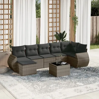 Produktbild von Design 8-tlg. Garten-Sofagarnitur mit Kissen Grau Poly Rattan, Gartensofas 2024 Neu