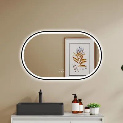 Produktbild von LED Badspiegel Oval 100×60cm mit Beschlagfrei Bluetooth Uhr 3 Lichfarbe dimmbar Spiegel mit Schwarzem Rahmen