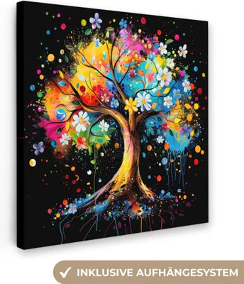 Zdjęcie produktu dla MuchoWow® - Obraz na płótnie - Drzewo - Kolorowe - Kwiaty - Czarny, fototapeta, dekoracja ścienna, obrazy do salonu, 50x50cm