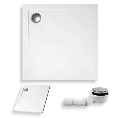 Produktbild von Duschwanne Quadratisch 80x80x4,5 Sanitäracryl Duschtasse Glatt | Ablaufgarnitur ⌀90 mm im SET | Anti-Rutsch Duschbecken | BADLAND GEOS