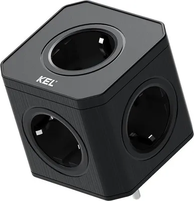 A black cube-shaped power adapter with multiple outlets.