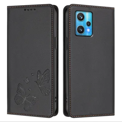 Produktbild von Lederhülle für Realme 9 4G/Realme 9 Pro+ 5G, Schmetterling Prägung Leder Brieftasche Schutzhülle mit Ständer Schwarz