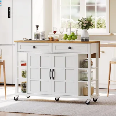 Immagine prodotto di Fortuna Lai Carrello da cucina multifunzionale con piano di lavoro ribaltabile, espandibile 120×65 cm, 2 cassetti, ampio spazio di stoccaggio, su ruote – Elegante carrello di servizio per cucina, sala da pranzo e soggiorno