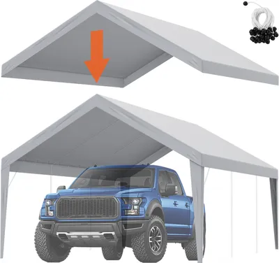 A collage showing a carport roof cover and a blue truck under a carport.