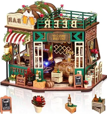 Productafbeelding van Miniatuur Poppenhuis - Doe-het-zelf Set - Huis Decoratie - Inclusief LED Lampjes - 24.2 x 25.5 cm - Bruin