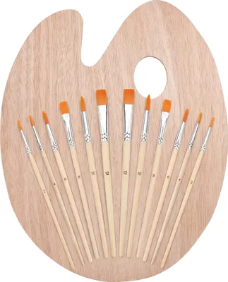 Produktbild von Kurtzy Pinselset mit Mischpalette aus Holz (12 Pinsel), Malpinsel Set mit Ovaler Holz Palette - Malpinsel Künstlerpinsel für Wasserfarben,