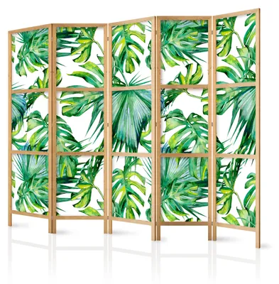 Produktbild von Muralo Japanischer PARAVENT 5-teilig Raumteiler klappbar PREMIUM-Vliesleinwand TROPISCHE BLÄTTER für Wohnzimmer 225cmx172cm
