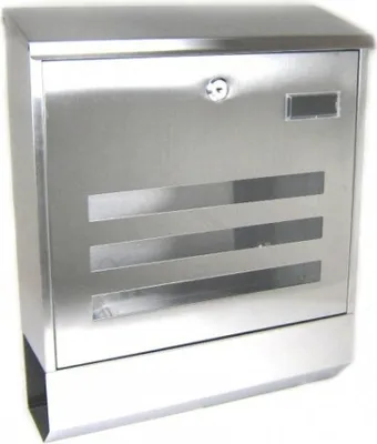 A stainless steel mailbox with horizontal slots and a newspaper holder.