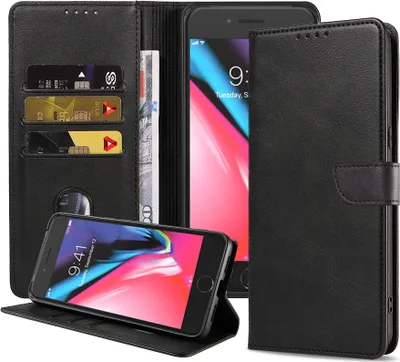Immagine prodotto di Adatto a iPhone 7/8 Plus Custodia per telefono in ecopelle con labbro magnetico e portacarte a libro con patta - Nero - Smartphonics