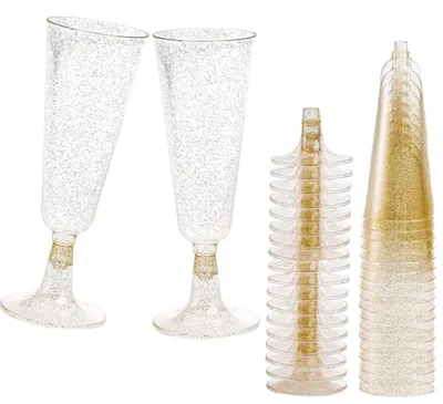 20 Kunststoff-Champagnergläser, 150 ml, Goldglitter, wiederverwendbar