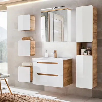 Produktbild von Badmöbel-Set mit 81 cm Keramik-Waschtisch LUTON-56 Hochglanz weiß mit Wotan Eiche Nb., B/H/T ca. 180/200/46 cm