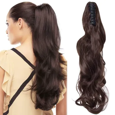 Image de Extensions de cheveux à clip pour queue de cheval - Brun moyen - 45 cm