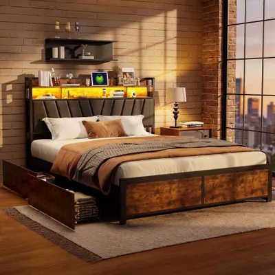 Produktbild von Stauraumbett 140x200 cm, Bett mit Stauraum, 4 Schubladen, Polsterbett mit LED und USB, Doppelbett Bettgestell mit Lattenrost, Jugendbett, PU, Schwarz