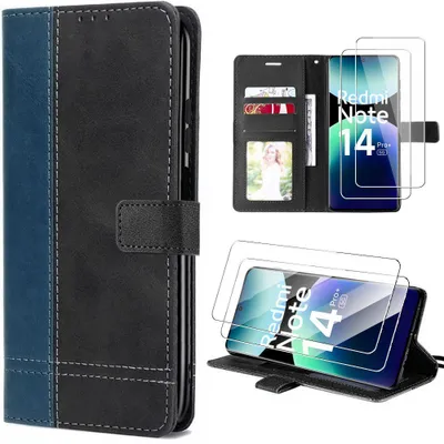 Image de Coque et 2 Verres Trempés pour Xiaomi Redmi Note 14 Pro Plus 5G, Protection Rabat Synthécuir Bleu/Noir