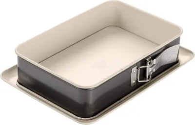 A rectangular springform pan with a removable bottom and a latch mechanism.