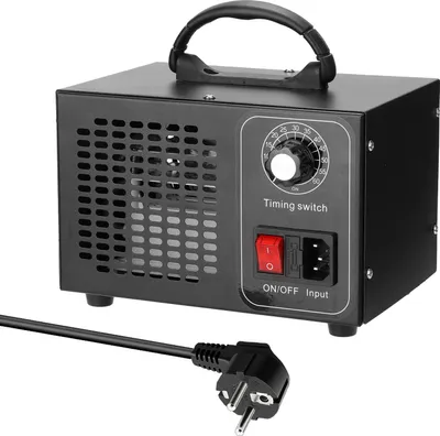 A black ozone generator with a power cord and plug is shown against a white background.