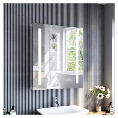 Produktbild von Spiegelschrank für das Bad mit Beleuchtung, 60 cm breit - Edelstahl Badezimmer mit Steckdose, Touchschalter und kabellosem Scharnierdesign