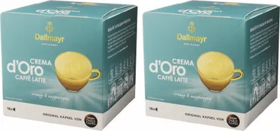 Two boxes of Dallmayr Crema d'Oro Caffé Latte coffee capsules.