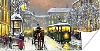 Produktbild von MuchoWow® Poster Gemälde - Ölgemälde - Winter - Straßenbahn - Pferd 160x80 cm - Foto Poster