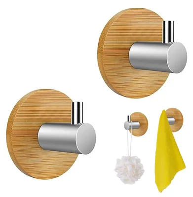 Produktbild von Handtuchhaken aus Bambusholz, 2 Stück, selbstklebende Haken, wasserfeste Haken, Badezimmerhaken, Holz, Edelstahl 304, Bambushaken, Wandhandtuchhalter für Wohnzimmer, Schlafzimmer, Küche und Badezimmer.