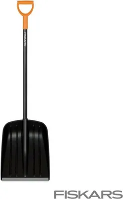 A Fiskars snow shovel against a white background.