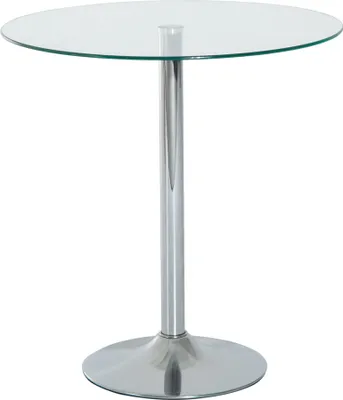 A round glass-top table with a silver metal base on a white background.