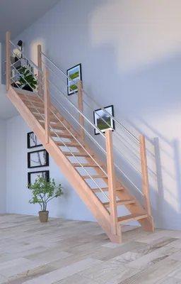 Zdjęcie produktu dla Schody drewniane Mykonos proste-buk-drewno-balustrady ze stali nierdzewnej-obustronnie-bez podstopnic