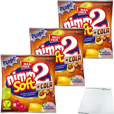 Produktbild von Nimm2 Soft + Cola gefüllte Kaubonbons mit Vitaminen 3er Pack (3x345g Maxi Pack) + usy Block