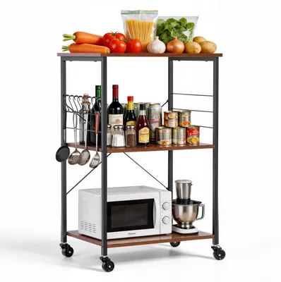 Produktbild von VEVOR Küchenwagen mit 3 Ebenen, Schwerlast-Servierwagen bis 55 kg, Rollwagen mit 8 Haken, Metallregal auf Rollen für Küche, Garage und Waschküche, Rolltisch 602 x 402 x 902 mm, Vintage-Stil