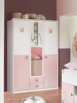 Produktbild von Kleiderschrank "Cindy2" in WEISS + ABSETZUNGEN ROSE mit 2 Schubladen und 3 Türen. Abmessungen (BxHxT) 139x199x58 cm