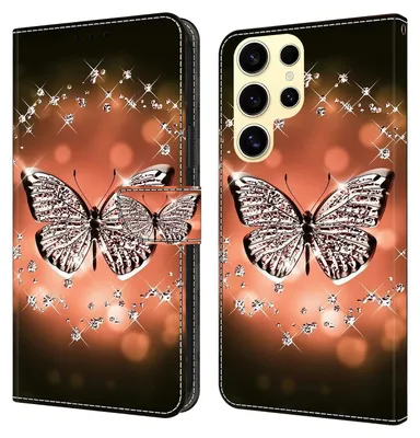 A collage showing a phone case with a butterfly and diamond pattern, presented in both open and closed views.