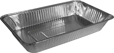 A clean, well-lit studio shot of an empty aluminum foil pan, viewed from a slight angle.