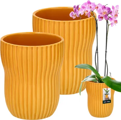 Productafbeelding van KOTARBAU® Bloempot, mosterdgeel, binnen, rond, diameter 11,5 cm, hoogte: 16,5 cm, gegroefde geglazuurde keramische bloempotten, bloempot, keramische plantenpot, orchideeėnpot, grote bloempot, 2 stuks