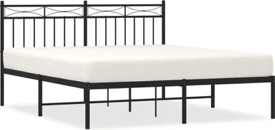A black metal bed frame with a white mattress on a white background.