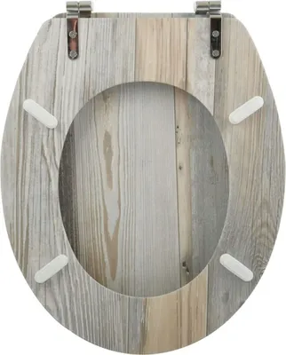 A toilet seat with a wood-grain pattern.