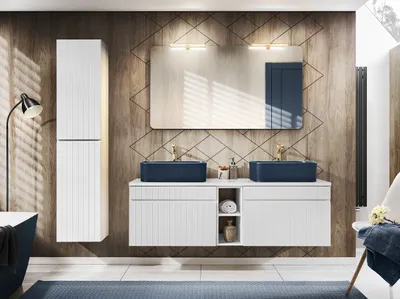 Zdjęcie produktu dla Zestaw Mebli Łazienkowych 140 Cm Z Umywalkami, Szafką I Lustrem