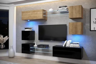 Image de Furnitech Meuble-paroi Salon - Meubles de salon avec LED RGB - 16 couleurs - Meuble-paroi Suspendu Moderne - Étagères et meuble TV (AN65N-21DZB-HGM7)