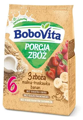 Produktbild von Milchbrei mit 3 Getreidesorten, Himbeere, Erdbeere und Banane für Kinder BoboVita 210 g
