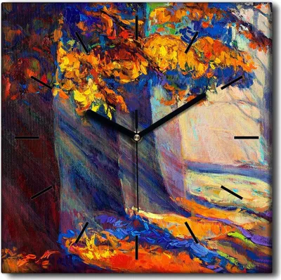 Produktbild von Coloray Uhr auf Leinwand 30x30 cm Wand Uhr Dekoration Wohnzimmer Segeltuch schwarze Hände -Herbstwaldlandschaft.