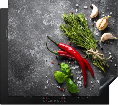 Produktbild von KitchenYeah© Herdabdeckplatte Pfeffer - Kräuter - Gewürze - Beton , 60x52cm, Küche Deko, Glaskeramikkochfeld Herdabdeckung, Abdeckplatte fùr Kochfeld