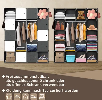 Produktbild von Aopunly DIY Kleiderschrank Regalsystem Schuhregal 20 Würfel Garderobe aus Kunststoff, 175x140x35cm Schwarz und weiß
